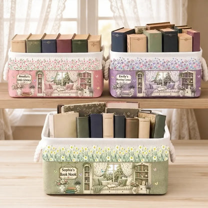 Rope Basket with Pastel Reading Corner Art, Personalized Creative Gift for a Book Lover's Home