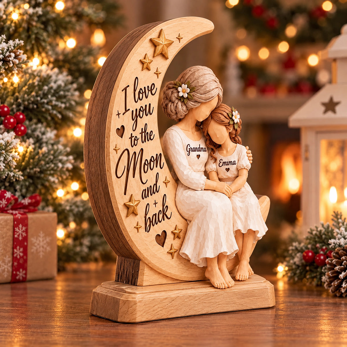 Personalized Thick Wooden Plaque, Grandma Hugging Grandchild, To the Moon and Back, Unique Gift