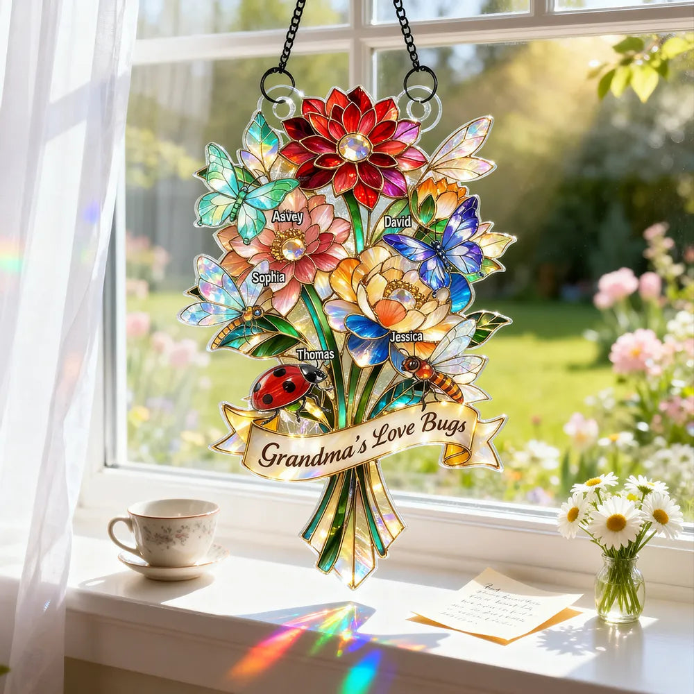 Personalized Acrylic Suncatcher Ornament Grandma's Love Bugs Bouquet for Window Decor, Unique Gift for Grandma