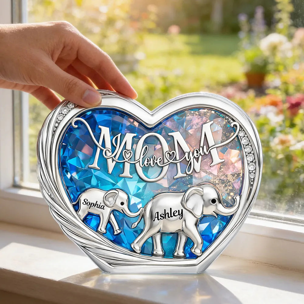 Personalized Shaped Acrylic Block Plaque with Elephant Family in Heart, 'Mom We Love You' Unique Gift for Mom