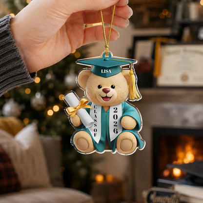 Personalized Acrylic Ornament, Teddy Bear Graduate Holding Diploma, Unique Gift for Tree Display