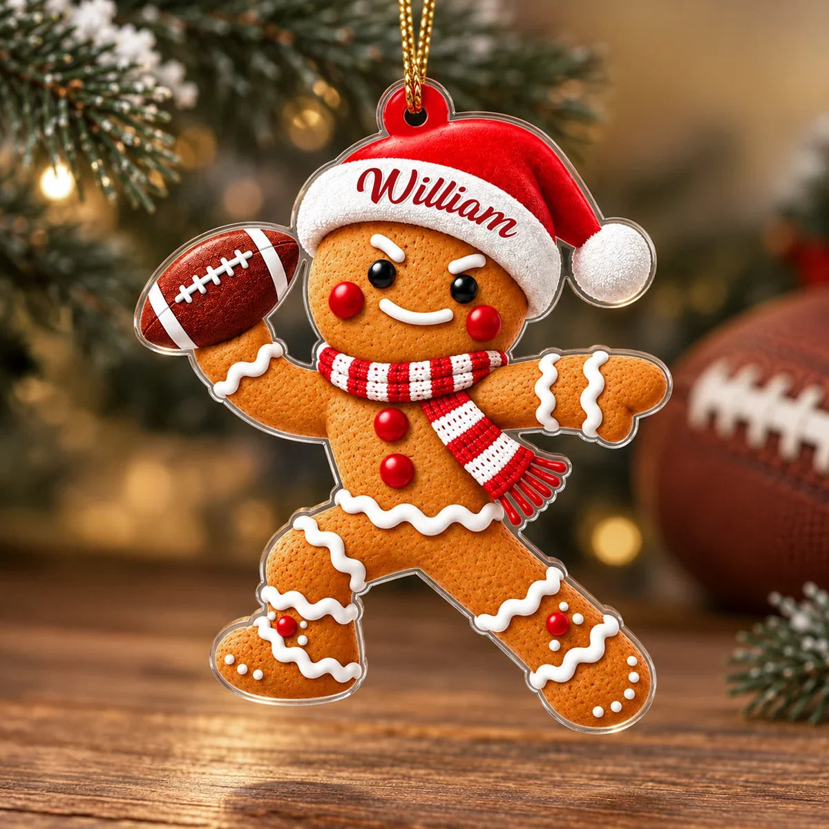 Personalized Acrylic Ornament, Gingerbread Football Player on a Christmas Tree, Unique Gift for Sports Lovers