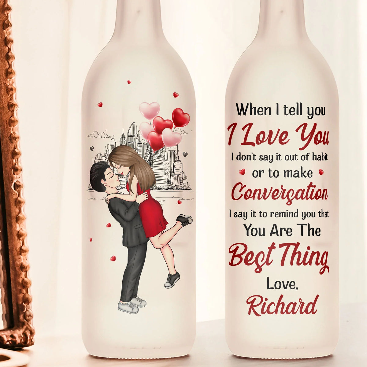 Personalized Bottle Lamp With Romantic Love Quote, Kissing Couple City Sketch, Warm Glow Bedroom Decor, Unique Gift for Her