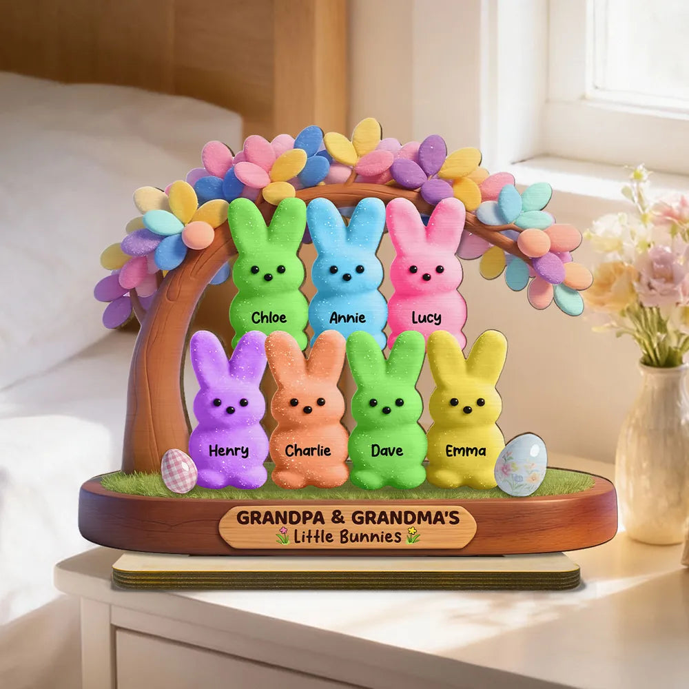 Personalized 2-Layer Wooden Plaque for Grandpa & Grandma, Cute Bunny Family Under Flower Tree, Unique Gift