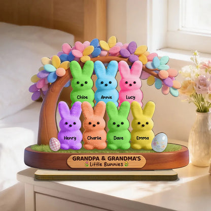 Personalized 2-Layer Wooden Plaque for Grandpa & Grandma, Cute Bunny Family Under Flower Tree, Unique Gift
