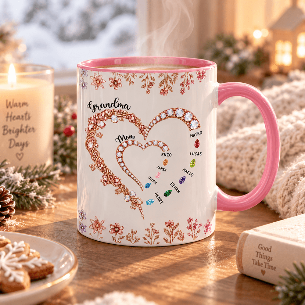Personalized Grandma Birthstone Heart Mug with Grandkids’ Names, Meaningful Family Gift for Grandma