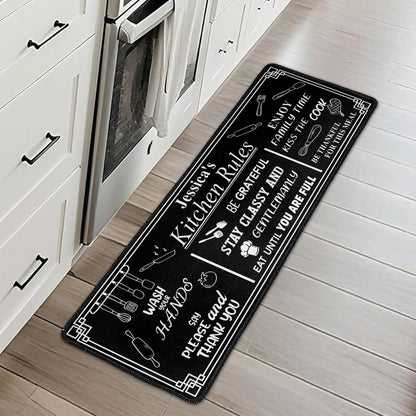Personalized Kitchen Rules Standard Doormat, Black White Quote Style for Kitchen Entryway, Unique Housewarming Gift