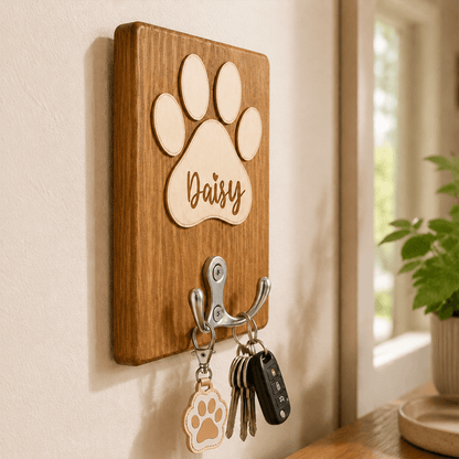 Personalized Wooden Pet Leash Holder with Paw Print Design, Custom Dog Leash Hook for Entryway Decor & Pet Lover Gift
