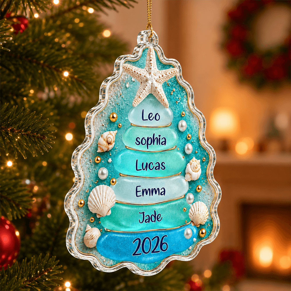 Personalized Sea Glass Christmas Tree Acrylic Ornament with Family Names & Year, Coastal Christmas Gift