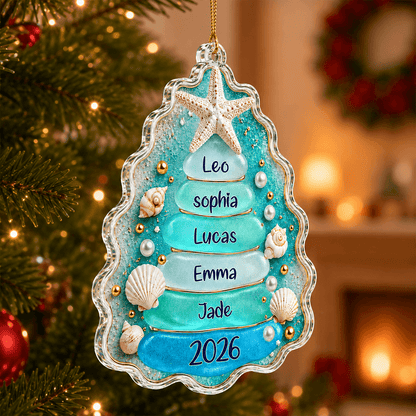 Personalized Sea Glass Christmas Tree Acrylic Ornament with Family Names & Year, Coastal Christmas Gift