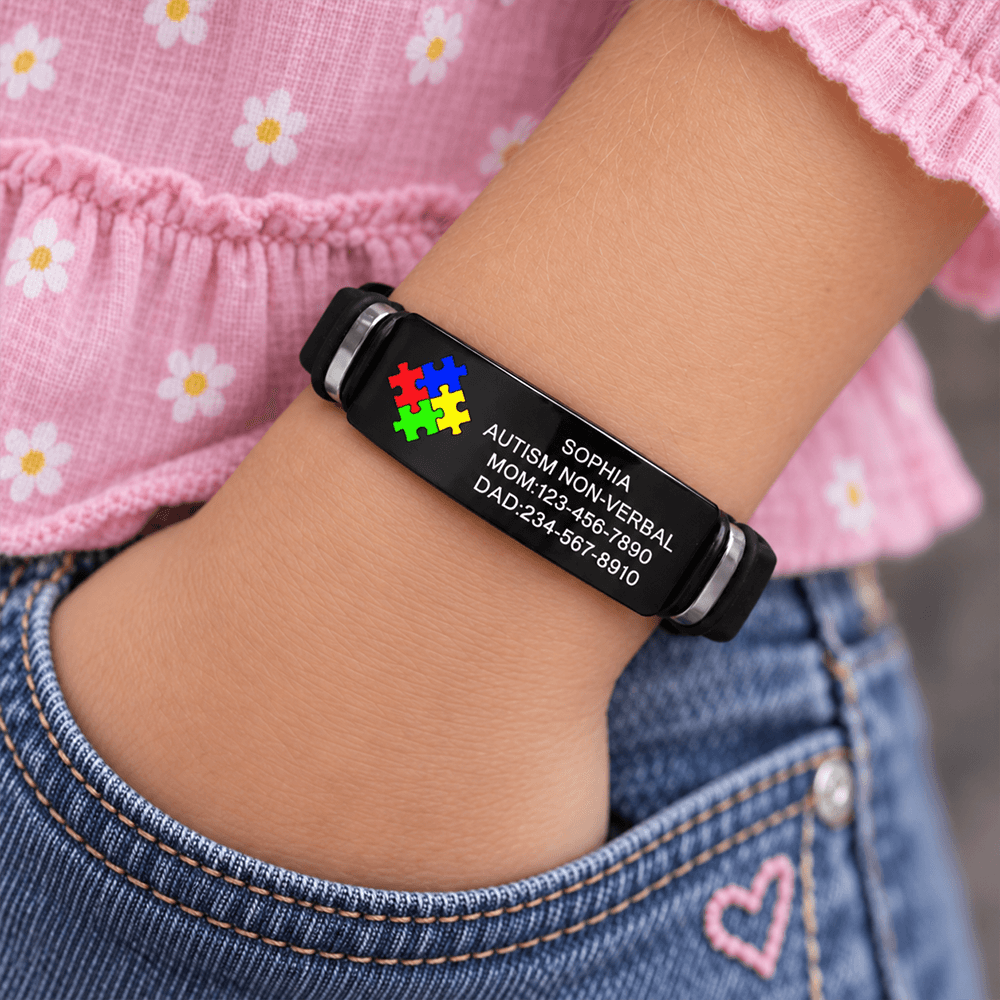 Personalized Nonverbal Autism Medical Alert Bracelet, Custom Name & Emergency Contact Silicone ID for Kids & Adults