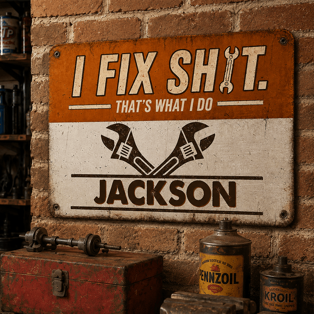 Personalized “I Fix Shit, That’s What I Do” Iron Sign – Funny Custom Garage Gift for Mechanics & Handymen