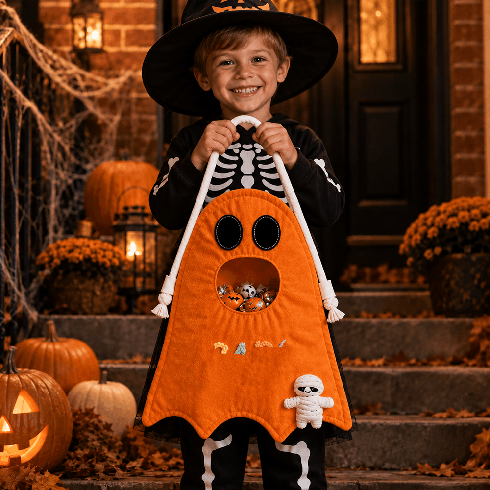 Personalized Ghost Trick-or-Treat Bag with Custom Name, Yarn Colors & Halloween Icon, Cute Candy Tote for Kids