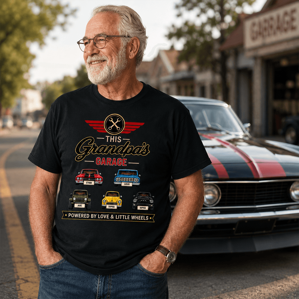 Personalized Grandpa's Garage Shirt, Custom Grandkids Car Tee, Father's Day or Birthday Gift for Grandpa