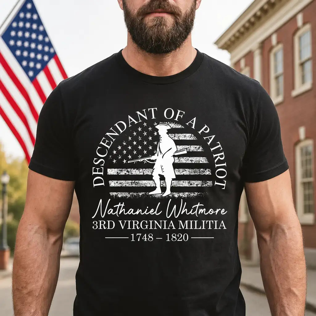 Personalized Classic Tee With Standing Colonial Patriot Art, Unique Gift For Dad & Family History Fans