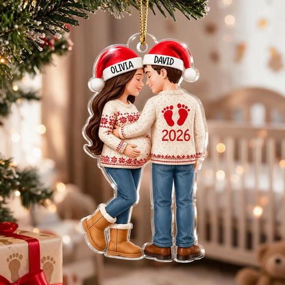 Personalized Acrylic Ornament, Embracing Expecting Couple by a Christmas Tree, Unique Gift for New Parents