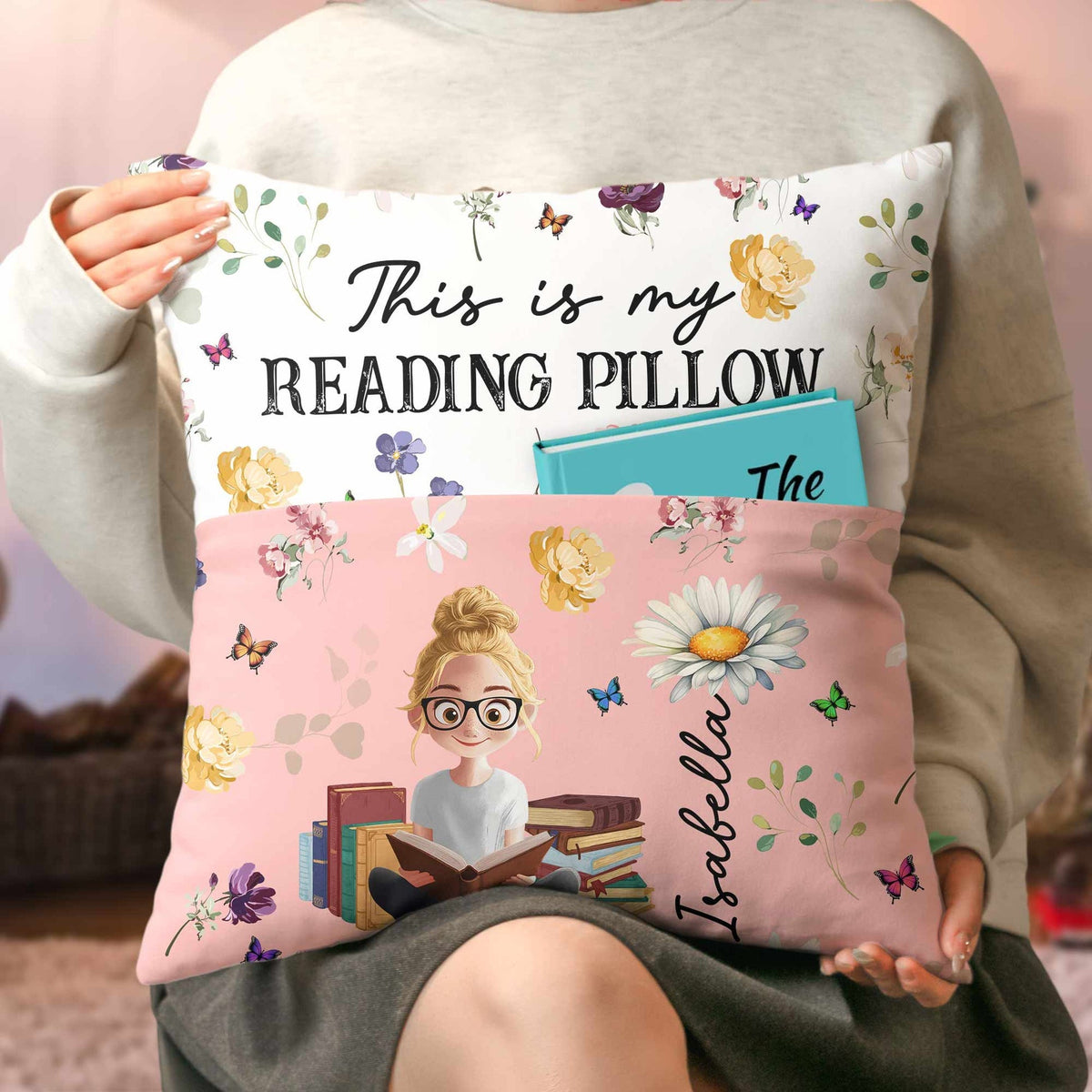 Personalized Pocket Pillow With This Is My Reading Pillow Quote, Creative Gift for Her Reading Nook