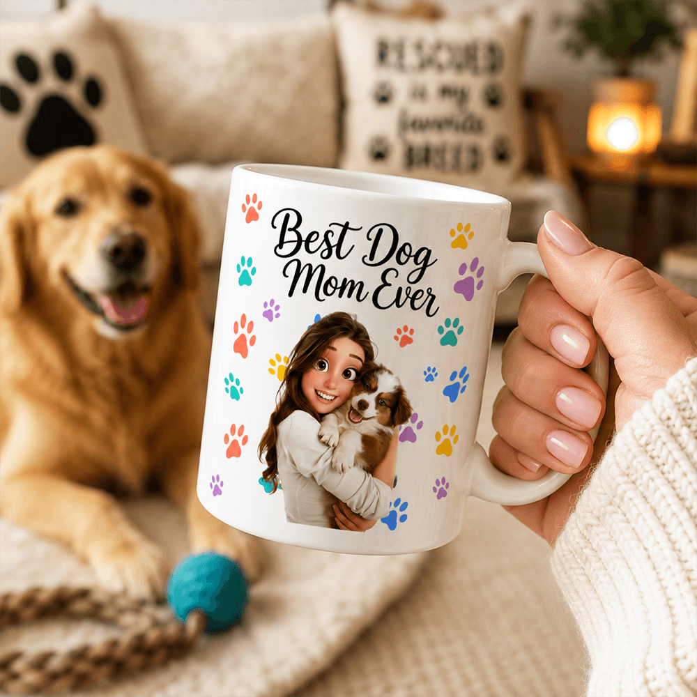 Personalized Dog Mom or Dad Mug, Custom Pet Portrait Ceramic Cup, Colorful Paw Print Gift for Dog Lovers