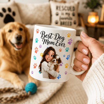 Personalized Dog Mom or Dad Mug, Custom Pet Portrait Ceramic Cup, Colorful Paw Print Gift for Dog Lovers
