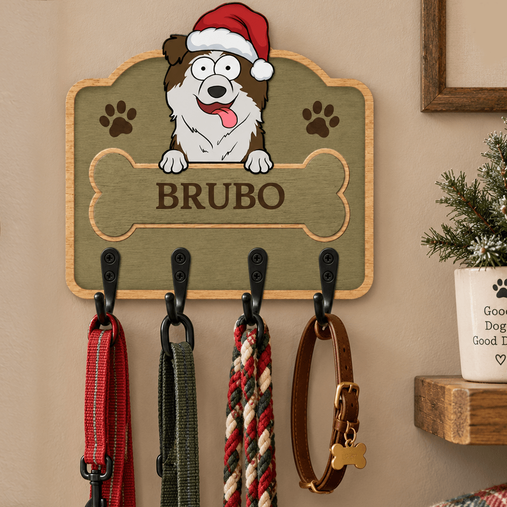Personalized Dog Breed Key Holder, Custom Christmas Dog Key Rack with Name, Wooden Leash Holder Wall Decor, Perfect Gift for Dog Lovers