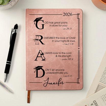 Personalized Leather Journal with Faith Graduation Quote, Unique Christian Gift for Her or Him