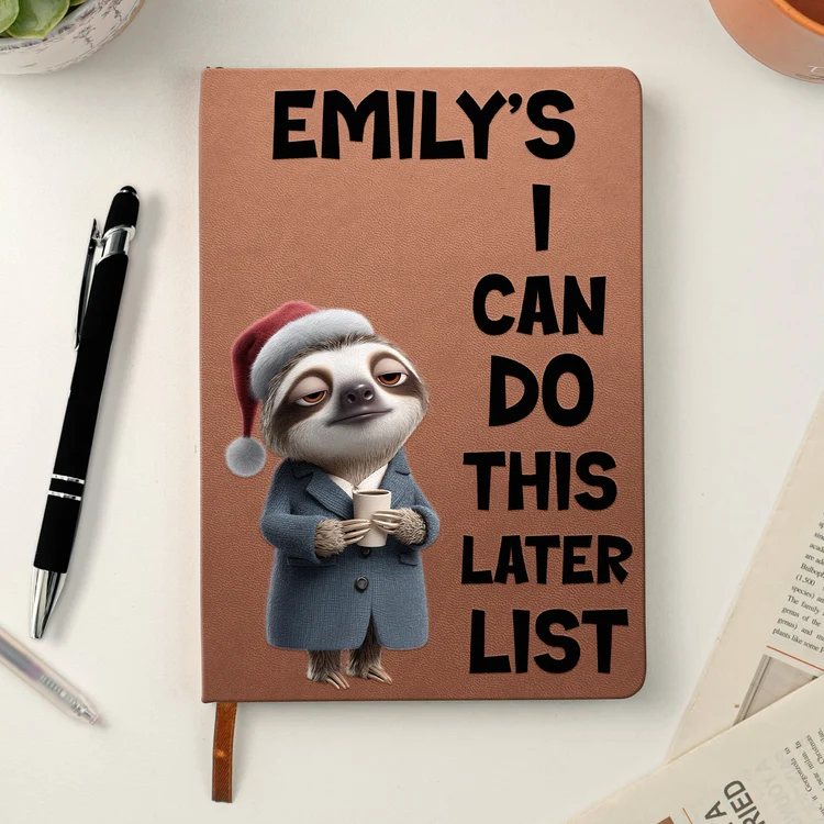 Personalized Leather Journal with Sleepy Sloth Holding Papers, Relatable Humor, Unique Gift for Coworkers