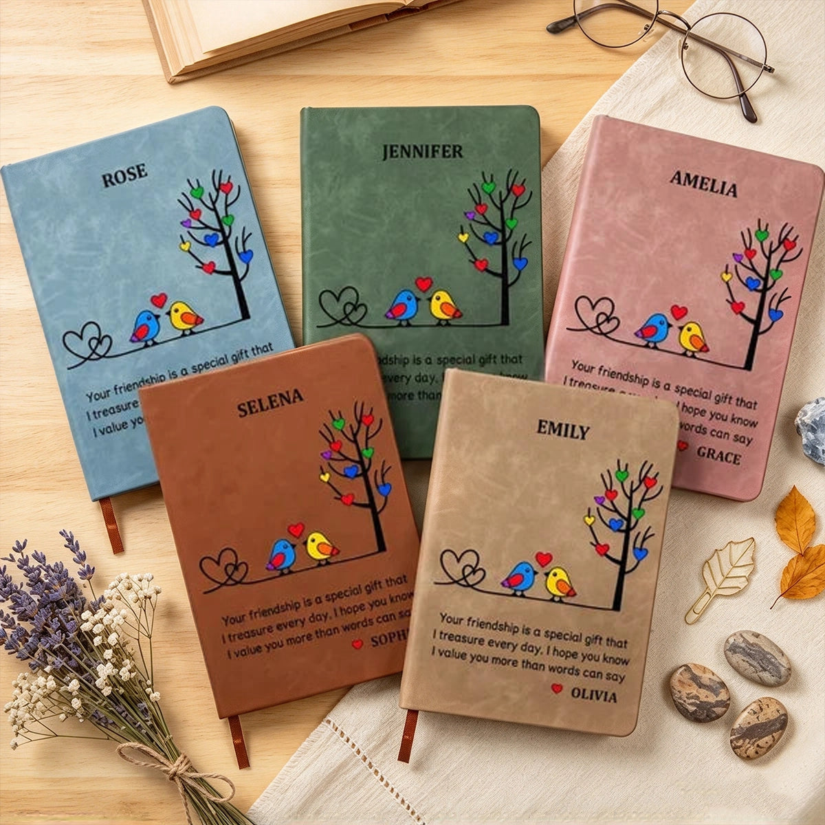 Personalized Leather Journal with Colorful Birds Beside a Heart Tree, Unique Gift for Best Friend