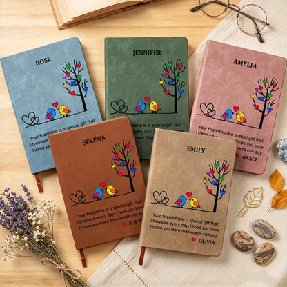Personalized Leather Journal with Colorful Birds Beside a Heart Tree, Unique Gift for Best Friend