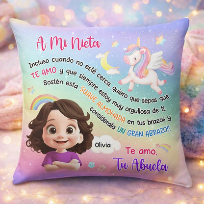 Cojín Cuadrado Personalizado con Unicornio y Arcoíris – Un Regalo Lleno de Amor para Mi Nieta