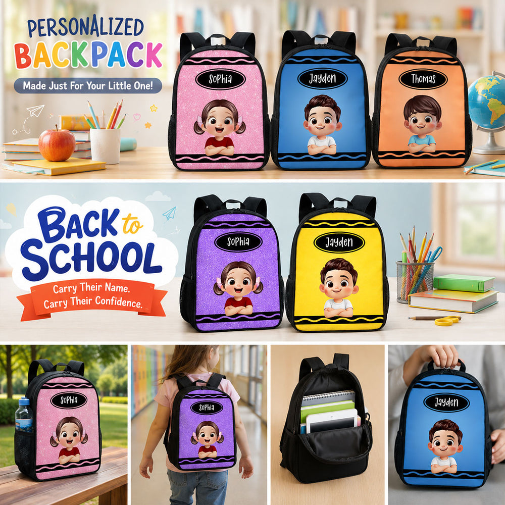 Kids School Backpack With Custom Crayon Color Art, Creative Back To School Classroom Gift For Grandkids