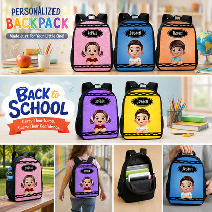 Kids School Backpack With Custom Crayon Color Art, Creative Back To School Classroom Gift For Grandkids
