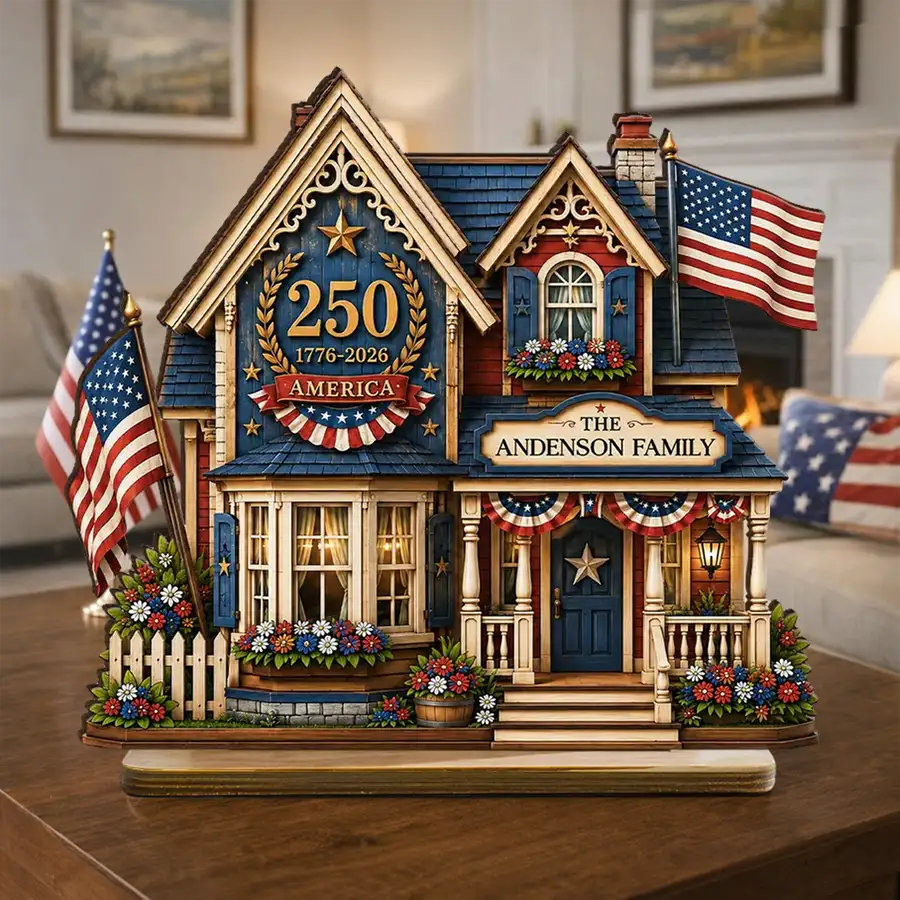 Personalized Wooden Plaque with Patriotic House Art, USA 250th Family Shelf Decor, Unique Gift for Family