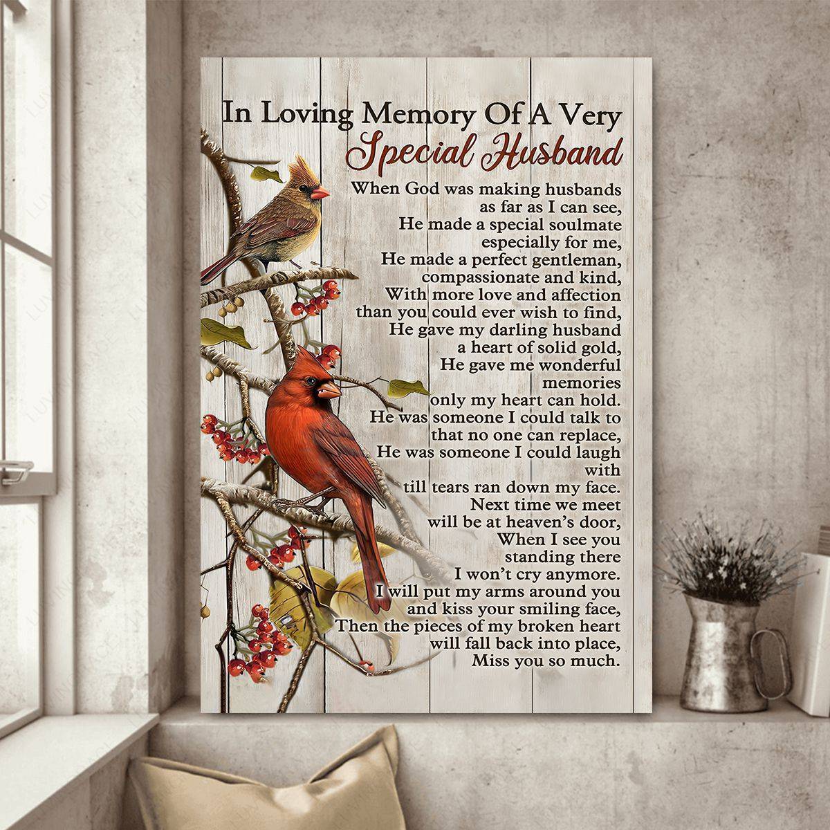 Eternal Love - 'In Memory of a Special Husband' Cardinal Birds Personalized Heaven Canvas or Poster