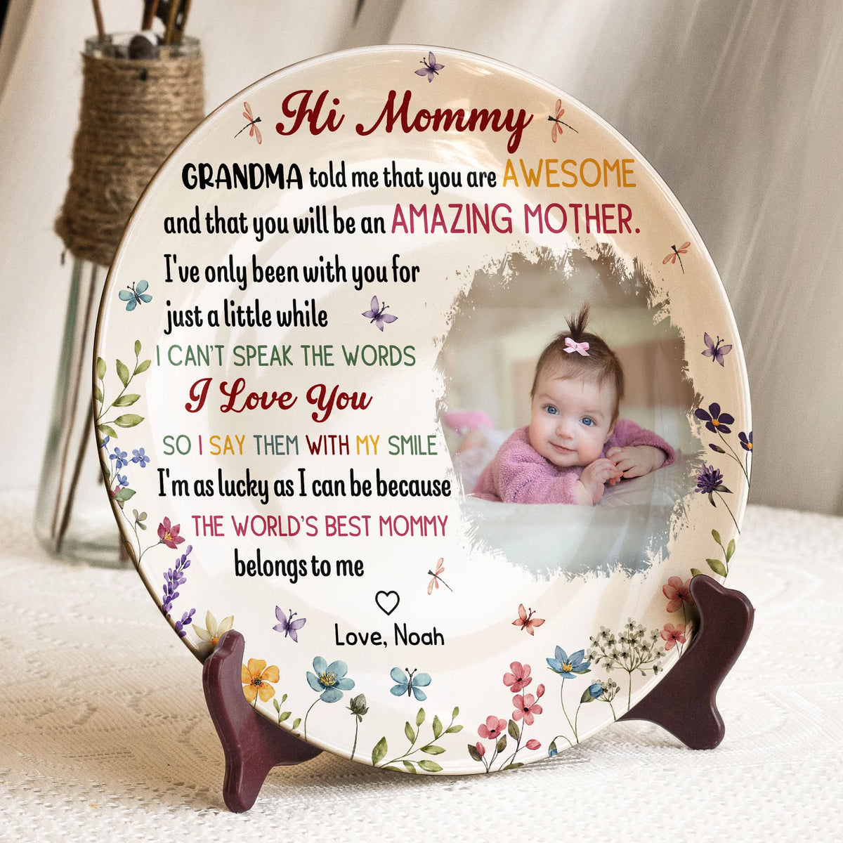 Bone China Plaque with Baby Photo and Heartfelt Mom Message, Soft Floral Table Accent and Wall Decor, Thoughtful Gift