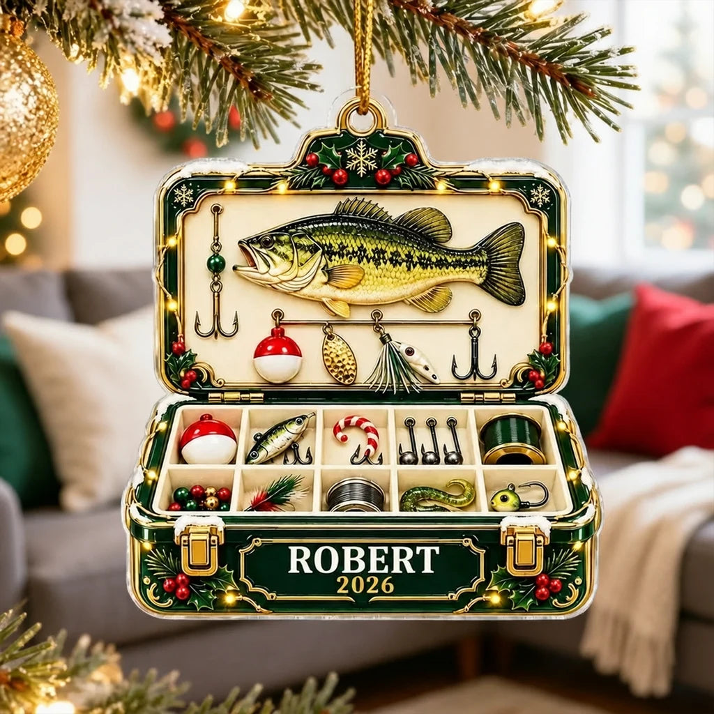 Fishing Tackle Box Ornament, Personalized Bass & Lure Keepsake, Creative Christmas Gift for Husband or Angler
