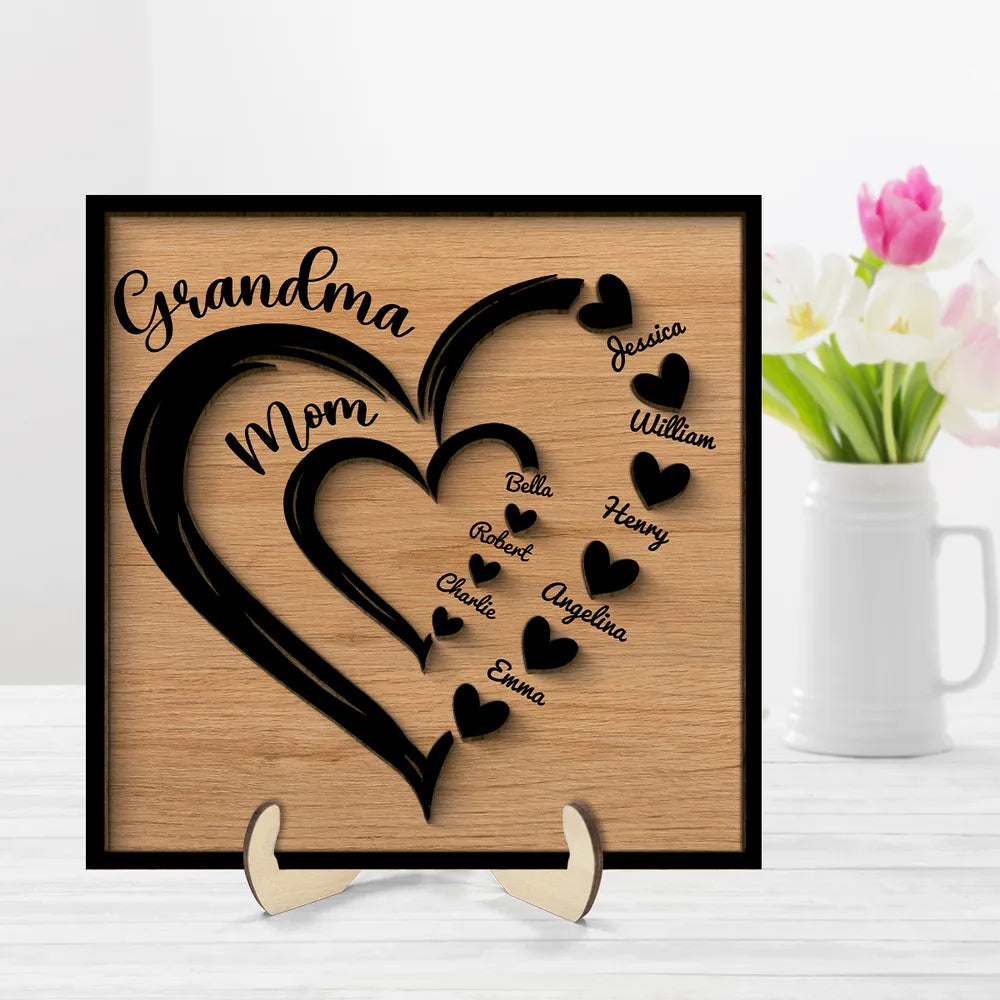 Personalized 2-Layer Wooden Plaque Heart-in-Heart Family Display, A Unique Gift For Grandma Or Mom