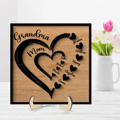 Personalized 2-Layer Wooden Plaque Heart-in-Heart Family Display, A Unique Gift For Grandma Or Mom