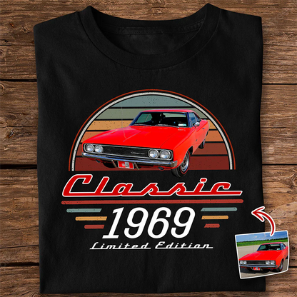 Personalized Classic Tee With Custom Car Photo & Retro Stripes, Unique Gift For Dad Grandpa Husband