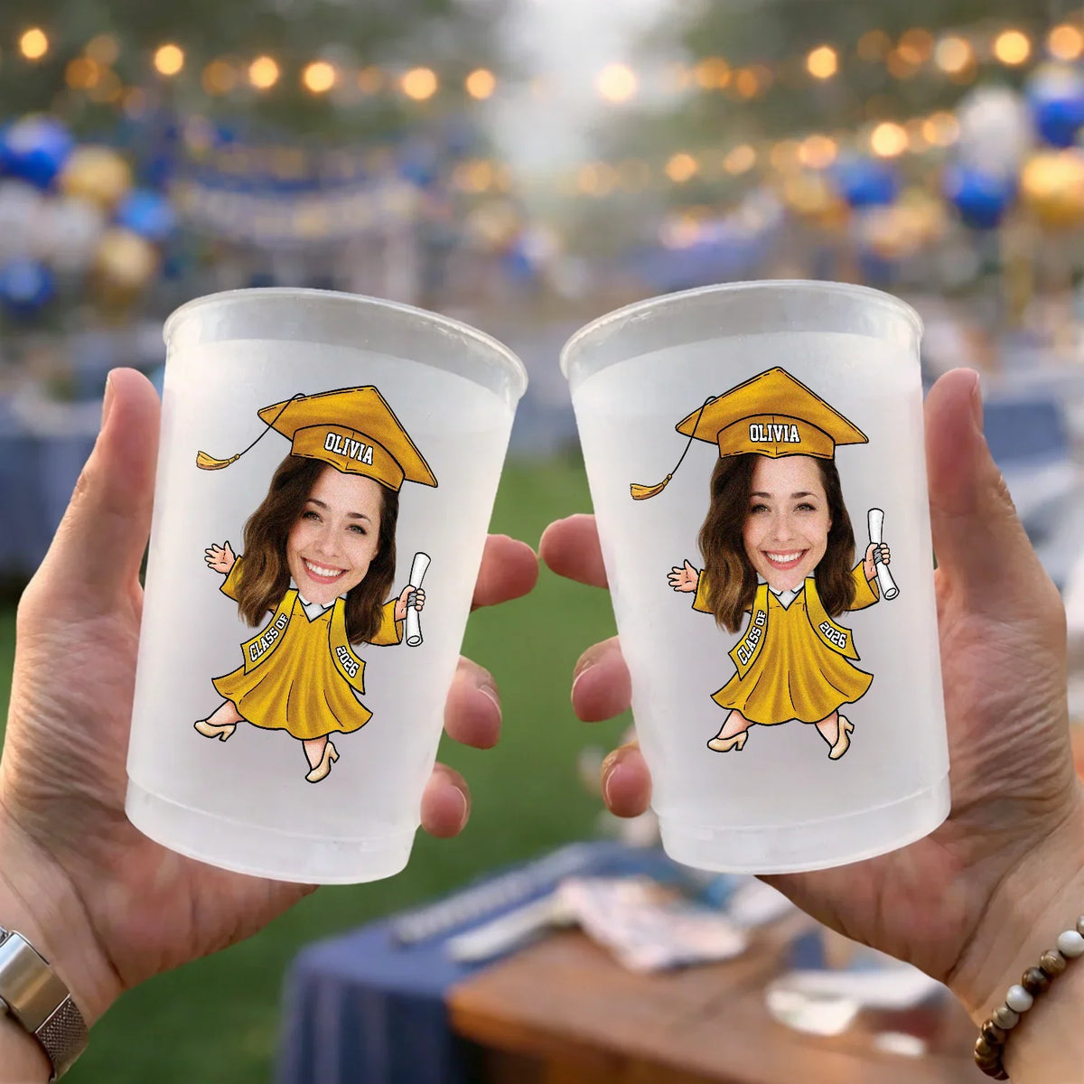Personalized Frosted Plastic Cup with Smiling Graduate, Unique Creative Gift for Her Graduation Party