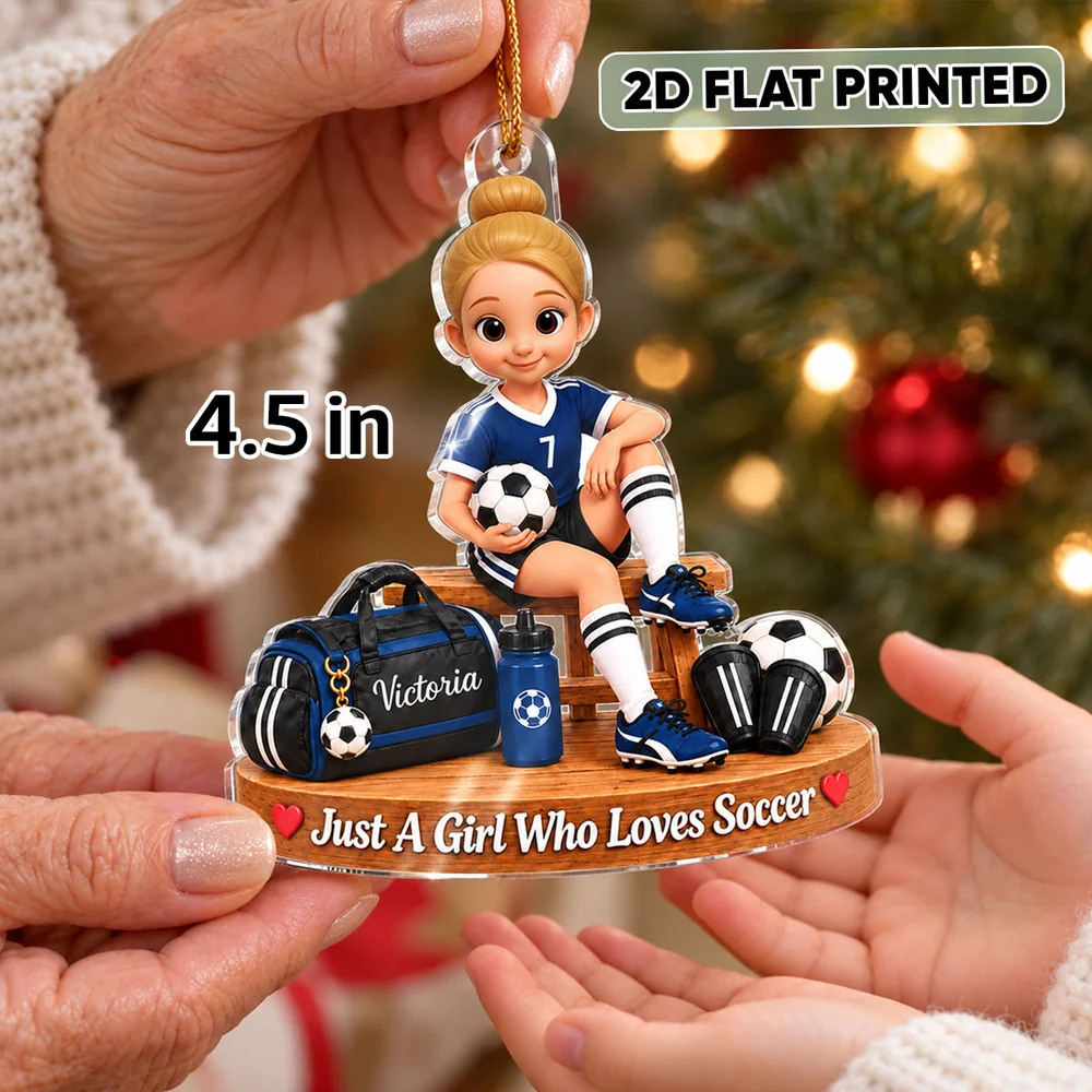 Personalized Acrylic Ornament, Red Cartoon Soccer Girl Holding a Ball, Unique Christmas Gift for Young Player
