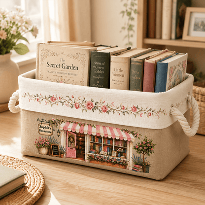 Personalized Bookstore Basket with Birth Month Flowers & Custom Name, Unique Gift for Book Lovers