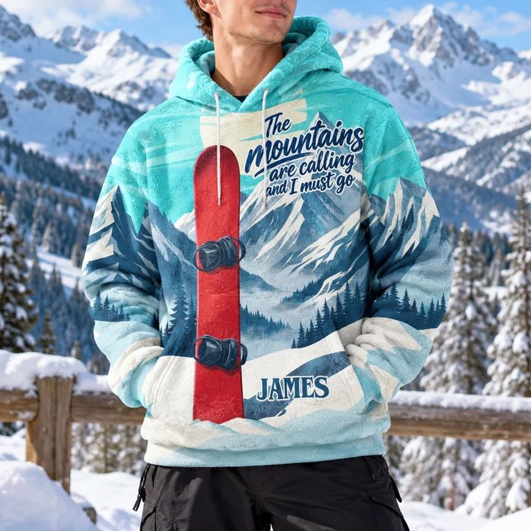 Personalized Printed Flannel Hoodie, Mountains Are Calling Design, Creative Gift for Mountain Lovers