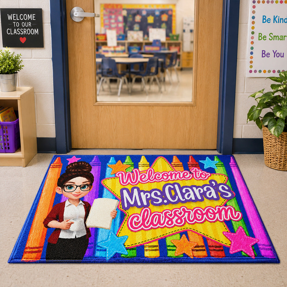 Standard Doormat With Cartoon Teacher & Crayons, Custom Classroom Welcome, Creative Teacher Gift