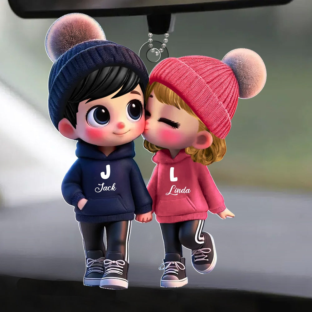 Personalized Acrylic Car Hanger for Couples – Cute Cartoon Design with Custom Names