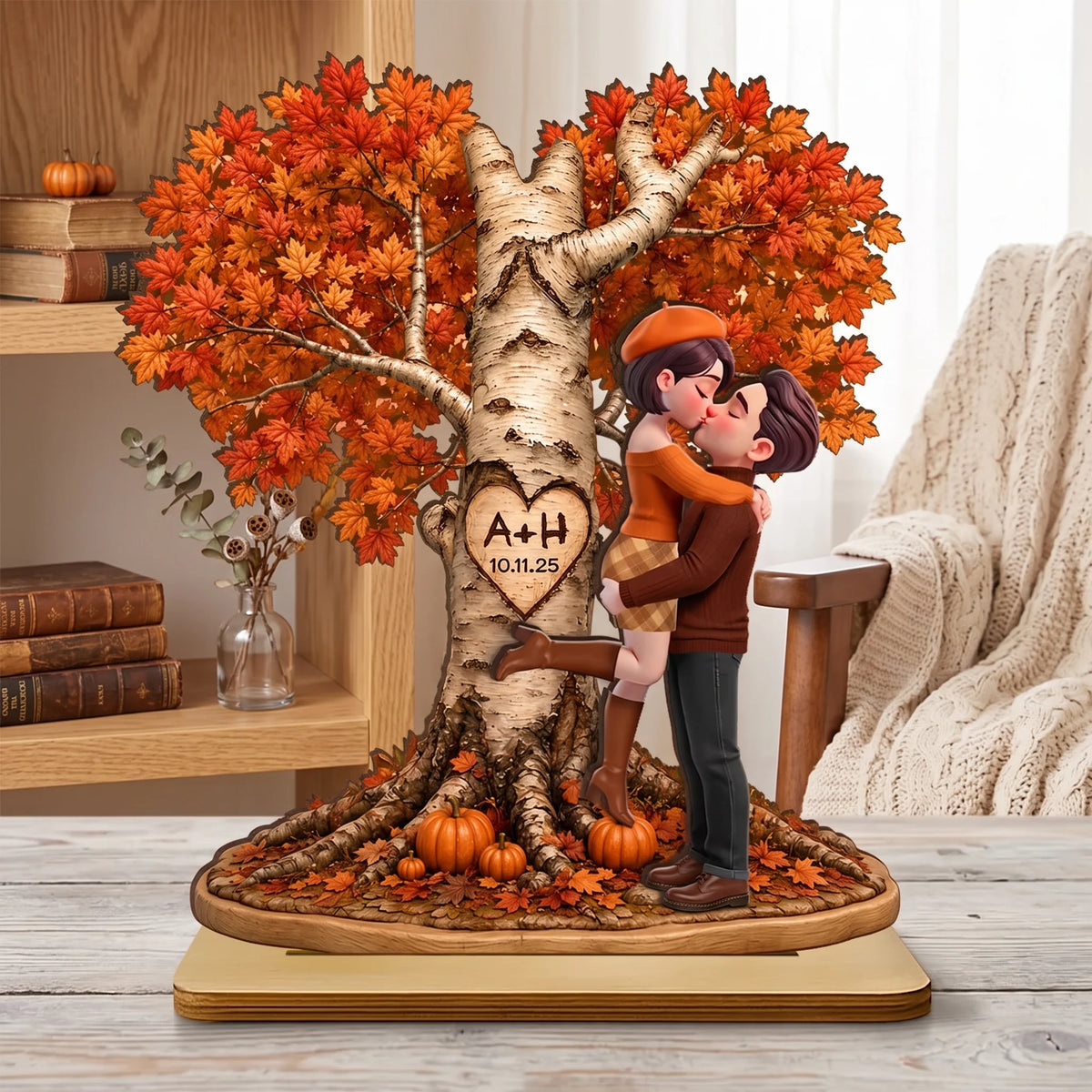 Personalized 2-Layer Wooden Plaque, Fall Love Tree Couple Kiss, Unique Creative Gift for Couple