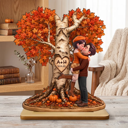 Personalized 2-Layer Wooden Plaque, Fall Love Tree Couple Kiss, Unique Creative Gift for Couple