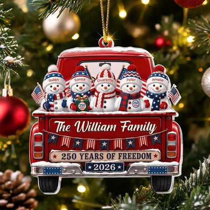 Personalized Acrylic Ornament, 250 Years of Freedom Snowman Family, Creative Patriotic Gift for Mom and Dad