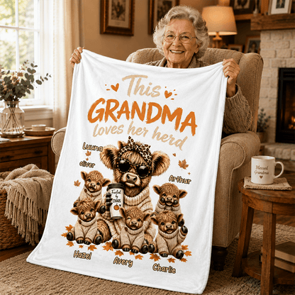 This Grandma Loves Her Herd Personalized Fleece Blanket, Heartwarming Creative Gift for Grandma