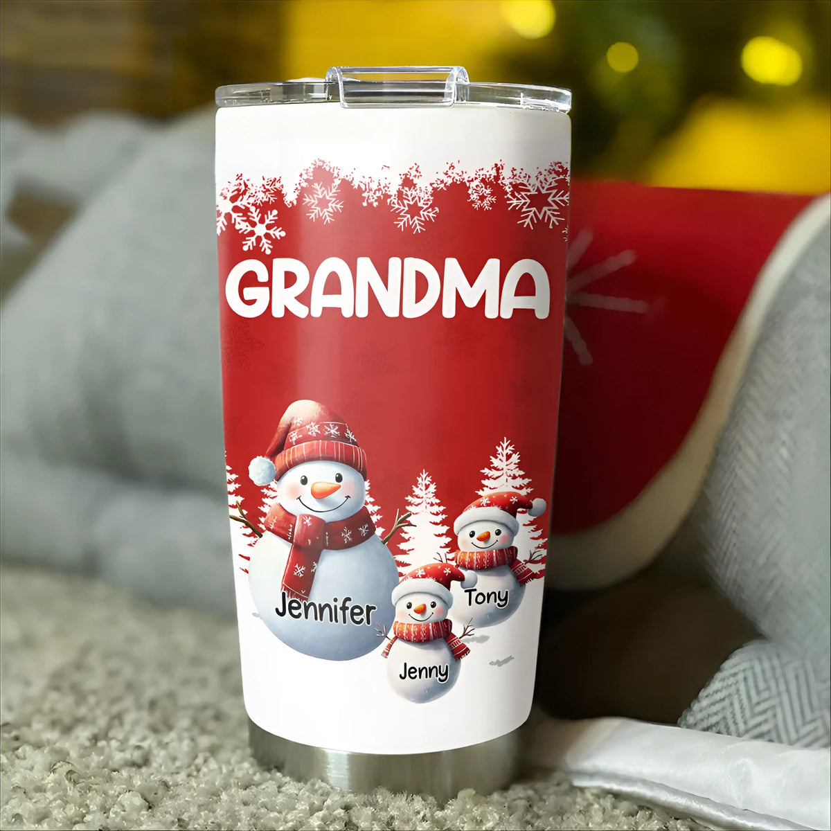 Snowman Grandma Insulated Travel Tumbler with personalized family names, cozy Christmas and winter gift
