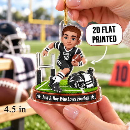 Personalized Acrylic Ornament, Cartoon Boy Playing Football by Goalpost, Unique Christmas Gift for Son or Grandson